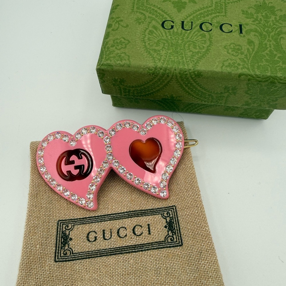 Gucci Pink Double Heart Crystal & Tortoise Hair Clip
